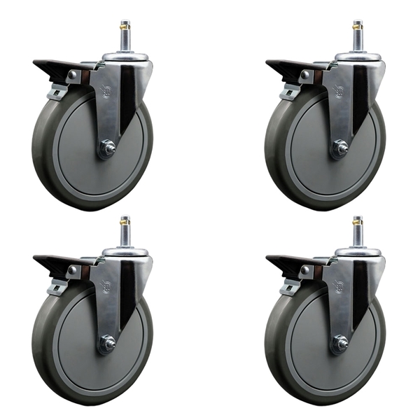 Service Caster 6'' Gray Poly Swivel 7/16'' Grip Ring Stem Caster Set with Brake, 4PK SCC-GR20S614-PPUB-PLB-716138-4